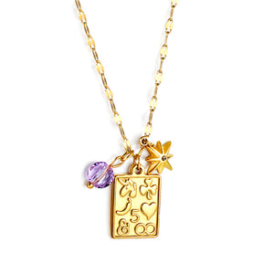 Collier porte-bonheur avec diamants blancs + motif gravé rectangulaire + collier pendentif zircone violet 45+5 cm