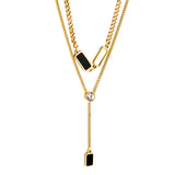 2 rectangular black oil drops + 1 long square box + white diamond pendant double chain 50+45+5cm