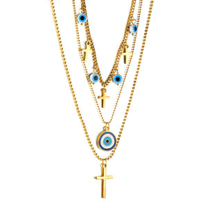 4 blue eyeballs + 4 crosses + large eyeball pendant triple chain 55+43+40+5cm