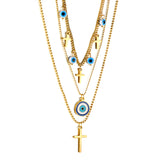 4 globes oculaires bleus + 4 croix + pendentif grand globe oculaire triple chaîne 55+43+40+5cm