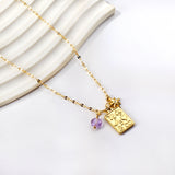 Collier porte-bonheur avec diamants blancs + motif gravé rectangulaire + collier pendentif zircone violet 45+5 cm