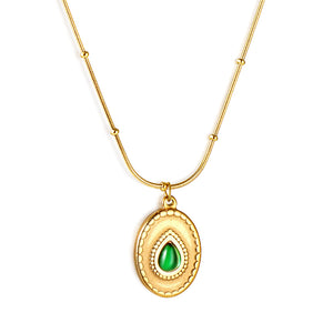 Long Round Pendant with Green Diamonds Necklace 42+5cm