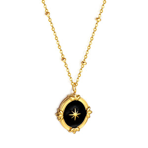 Black Drip Oil Long Round Pendant with Lucky Star + Bead Chain Necklace 40+5cm Golden