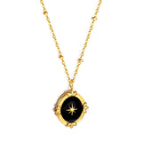 Black Drip Oil Long Round Pendant with Lucky Star + Bead Chain Necklace 40+5cm Golden