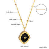 Black Drip Oil Long Round Pendant with Lucky Star + Bead Chain Necklace 40+5cm Golden