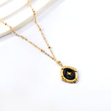 Black Drip Oil Long Round Pendant with Lucky Star + Bead Chain Necklace 40+5cm Golden