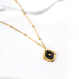 Black Drip Oil Long Round Pendant with Lucky Star + Bead Chain Necklace 40+5cm Golden