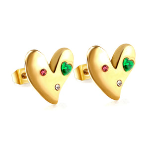 Heart with White + Rose + Green Diamonds Stud Earrings