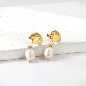 Boucles d'Oreilles Éventail + Perle Blanche