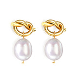 Rope Knot + White Pearl Stud Earrings