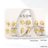 Six pairs of mixed card mounted cut-out fishbone / dolphin stud earrings gold color