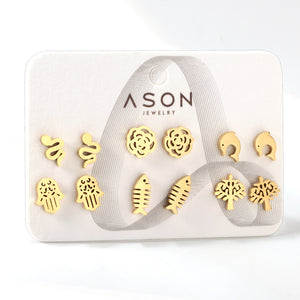 Six pairs of mixed card mounted cut-out fishbone / dolphin stud earrings gold color