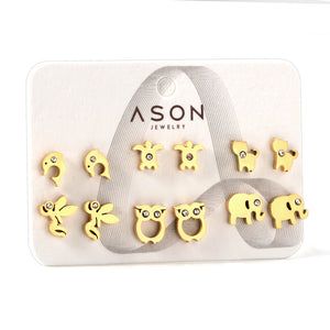 Six pairs mixed mounted snap cut dolphin / owl stud earrings with diamonds gold color