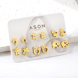 Six pairs mixed mounted snap cut dolphin / owl stud earrings with diamonds gold color