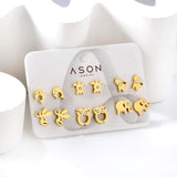 Six pairs mixed mounted snap cut dolphin / owl stud earrings with diamonds gold color