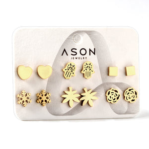 Six pairs of Mixed Card Cut Heart / Snowflake Stud Earrings gold color