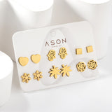 Six pairs of Mixed Card Cut Heart / Snowflake Stud Earrings gold color