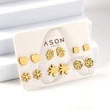 Six pairs of Mixed Card Cut Heart / Snowflake Stud Earrings gold color