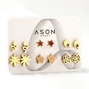 Six Pairs Mixed Snap Cut Dolphin / Maple Leaf / Starfish Stud Earrings Goldtone