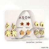 Six Pairs Mixed Snap Cut Dolphin / Maple Leaf / Starfish Stud Earrings Goldtone