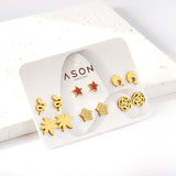 Six Pairs Mixed Snap Cut Dolphin / Maple Leaf / Starfish Stud Earrings Goldtone