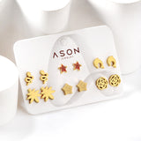 Six Pairs Mixed Snap Cut Dolphin / Maple Leaf / Starfish Stud Earrings Goldtone