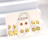 Six Pairs Mixed Snap Cut Dolphin / Maple Leaf / Starfish Stud Earrings Goldtone