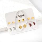 Six pairs of mixed mounted cut-out clay moon / shell stud earrings gold color