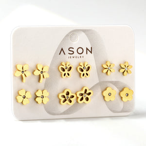 Six Pairs Mixed Card Cut Butterfly / Flower Stud Earrings Goldtone