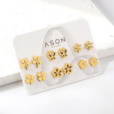 Six Pairs Mixed Card Cut Butterfly / Flower Stud Earrings Goldtone