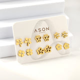 Six Pairs Mixed Card Cut Butterfly / Flower Stud Earrings Goldtone