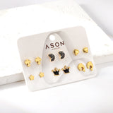 Six Pairs Mixed Card Cut Dolphin / Slime Moon / Crown Stud Earrings Gold