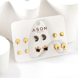 Six Pairs Mixed Card Cut Dolphin / Slime Moon / Crown Stud Earrings Gold