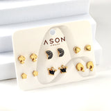 Six Pairs Mixed Card Cut Dolphin / Slime Moon / Crown Stud Earrings Gold