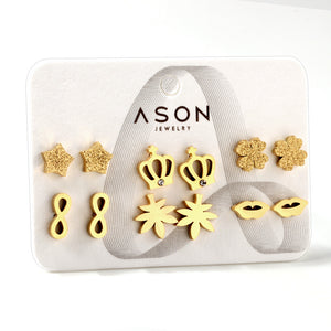 Six pairs of mixed card mounted cut-out frosted crown / lips stud earrings gold color