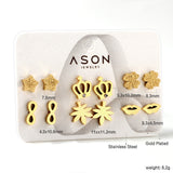 Six pairs of mixed card mounted cut-out frosted crown / lips stud earrings gold color