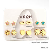 Six Pairs Mixed Card Mounted Cutout Snowflake / Maple Leaf Studs Gold