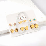 Six Pairs Mixed Card Mounted Cutout Snowflake / Maple Leaf Studs Gold