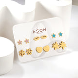 Six Pairs Mixed Card Mounted Cutout Snowflake / Maple Leaf Studs Gold