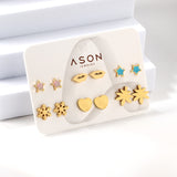 Six Pairs Mixed Card Mounted Cutout Snowflake / Maple Leaf Studs Gold