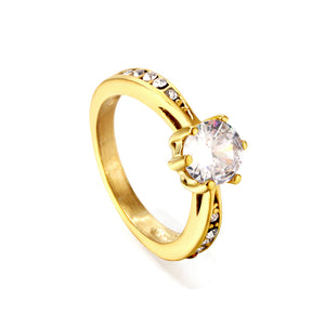 Solitaire ring with several small diamonds + one large round diamond Gold/steel color