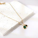 Rectangular Black Diamond + Oval Green Diamond Pendant Necklace 40+5cm