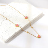 3 Heart Shaped White & Red & Pink & Green & Black Shells + 2 White Diamonds Pendant Necklace 41+5cm