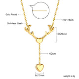 Antler Heart + Heart Pendant Necklace 41+5cm Gold Color