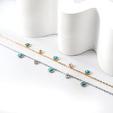 3 Round White Half Pearls & Blue Turquoise + 2 Cylindrical White Diamonds Accessories Bracelet 17+3cm