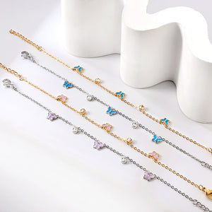 3 Butterfly Purple & Blue Drip Oil + 2 Cylindrical White Diamonds Accessories Bracelet 17+3cm