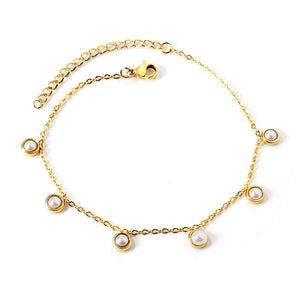 6 round white half pearls & blue turquoise anklet 20+5cm steel color gold color