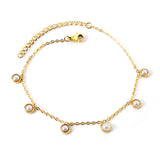 6 round white half pearls & blue turquoise anklet 20+5cm steel color gold color