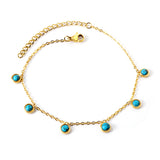 6 round white half pearls & blue turquoise anklet 20+5cm steel color gold color