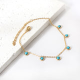 6 round white half pearls & blue turquoise anklet 20+5cm steel color gold color